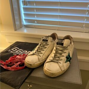 Golden Goose White Sneakers with Dark Green Star
